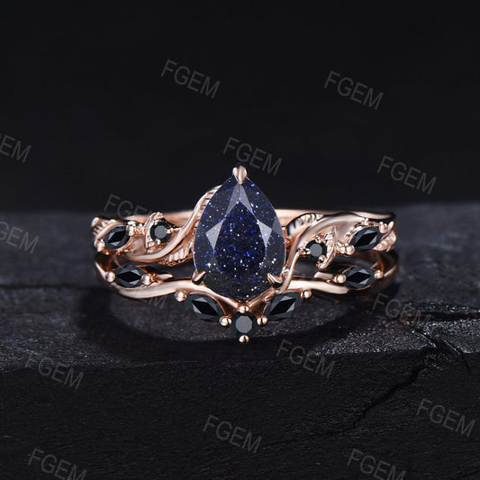 Nature Inspired Blue Goldstone Engagement Ring Set Twist Band 1.25ct Pear Cut Black Spinel Wedding Ring Set Leaf Vine Ring Branch Bridal Set