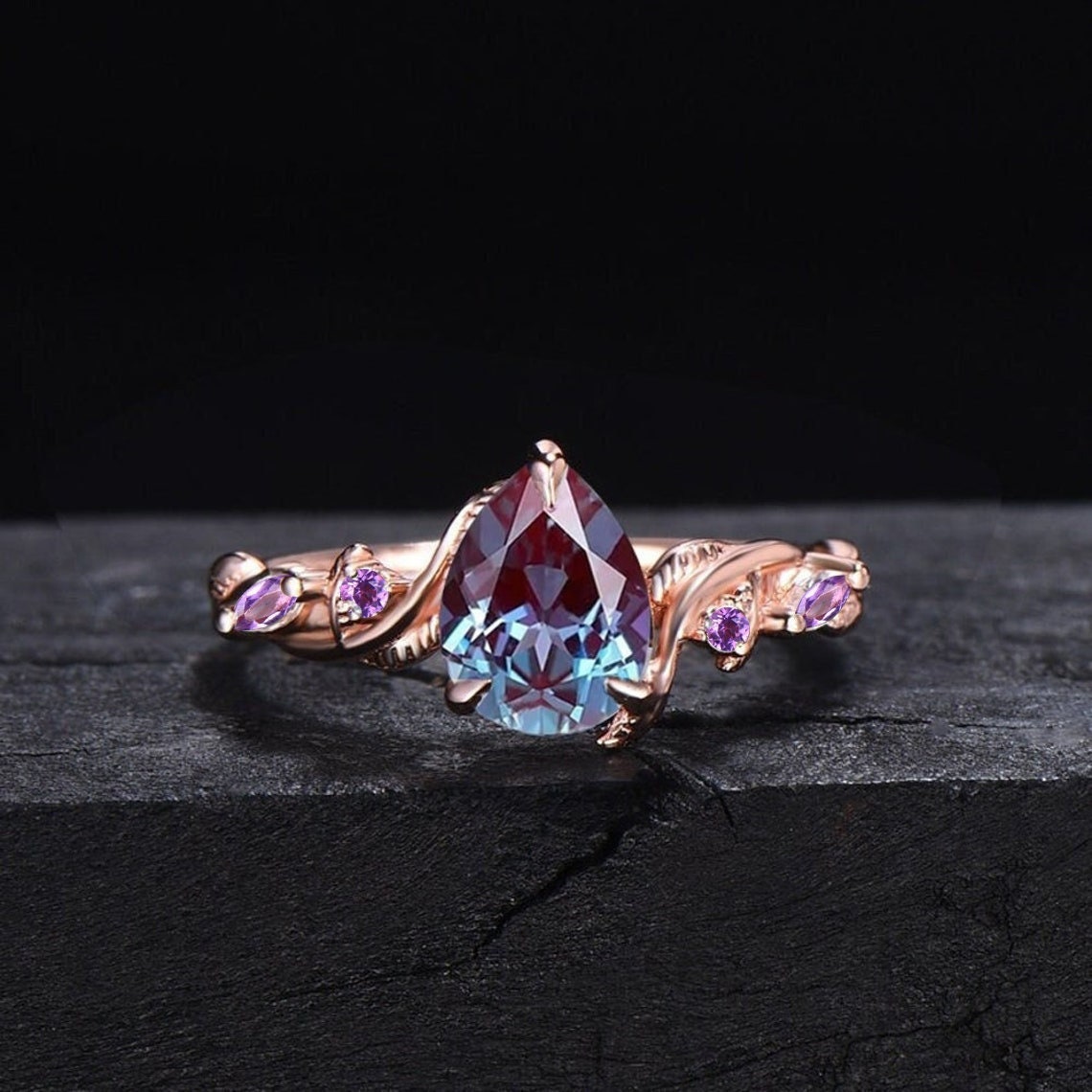 Nature Inspired Alexandrite Amethyst Ring 1.25ct Pear Color-Change Alexandrite Engagement Ring Twist Leaf Vine Amethyst Wedding Promise Ring