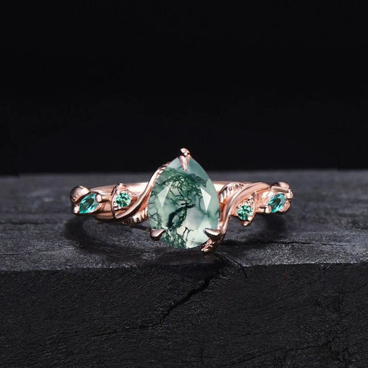 Unique Moss Agate Twist Leaves Ring 1.25ct Teardrop Green Aquatic Agate Emerald Engagement Rings Twig Vine Branch Nature Inspired Ring Gifts