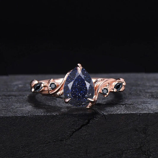 Twist Leaf Blue Sandstone Ring 1.25ct Teardrop Starry Sky Blue Goldstone Black Spinel Ring  Twig Vine Branch Nature Inspired Wedding Ring