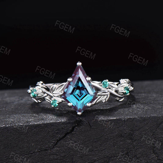 Unique June Birthstone Wedding Ring Color-Change Alexandrite Emerald Engagement Ring Nature Inspired Kite Alexandrite Leaf Branch Twist Ring