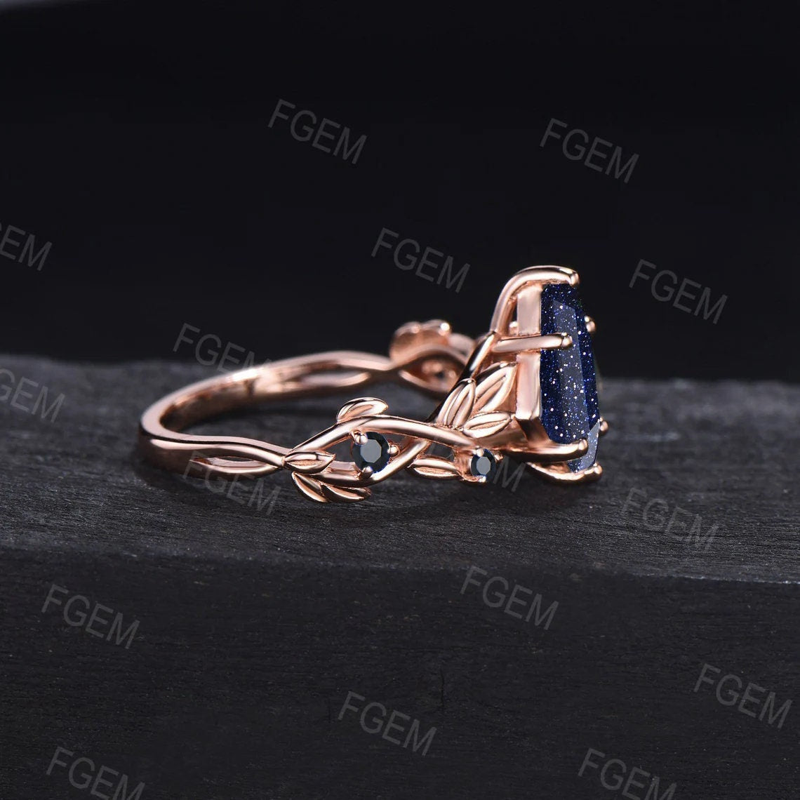 Nature Inspired Blue Sandstone Ring Women Sterling Silver Twist Leaf Galaxy Starry Sky Blue Goldstone Ring Black Spinel Branch Wedding Ring