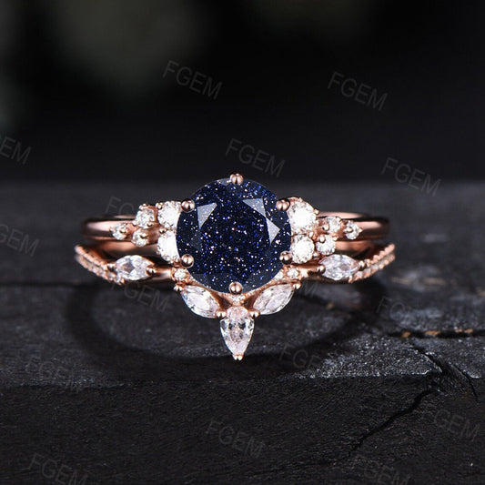 1ct Round Galaxy Blue Sandstone Engagement Ring Set Moissanite Cluster Bridal Ring Set Blue Wedding Ring Unique Promise/Anniversary Gifts