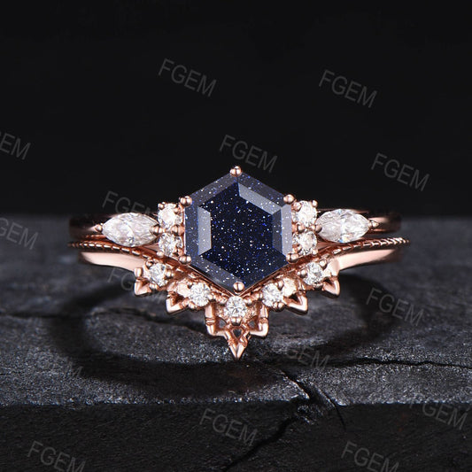 1ct Hexagon Blue Sandstone Ring Set Sterling Silver Hypoallergenic Engagement Ring Birthday Anniversary Gift Rose Gold Hexagon Bridal Set