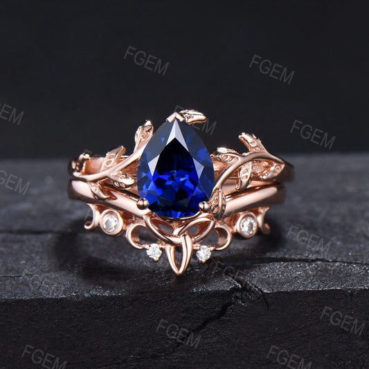 Sterling Silver Teardrop Blue Sapphire Engagement Ring Set Vintage Blue Bridal Set September Birthstone Jewelry Celtic Promise Ring Women
