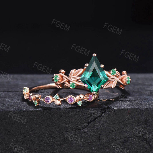 Twig Leaf Kite Cut Green Emerald Engagement Ring Set 14k Rose Gold Branch Nature Emerald Amethyst Bridal Set Vintage Proposal Gift for Women