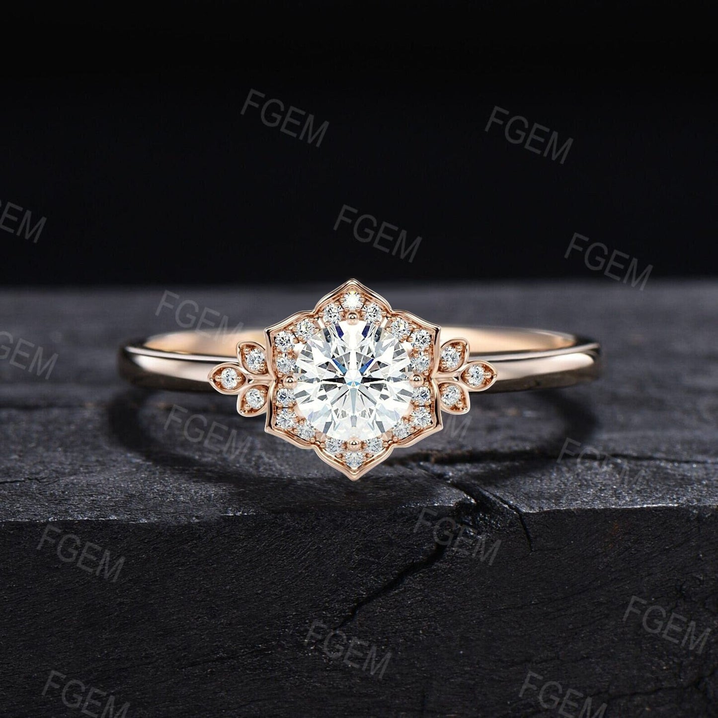 Round Moissanite Ring Rose Flower Engagement Ring Floral Cluster Halo Diamond Wedding Ring Nature Inspired Moissanite Jewelry Promise Gift