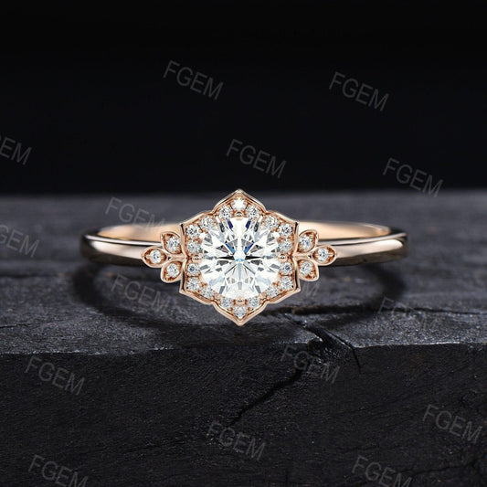 Round Moissanite Ring Rose Flower Engagement Ring Floral Cluster Halo Diamond Wedding Ring Nature Inspired Moissanite Jewelry Promise Gift