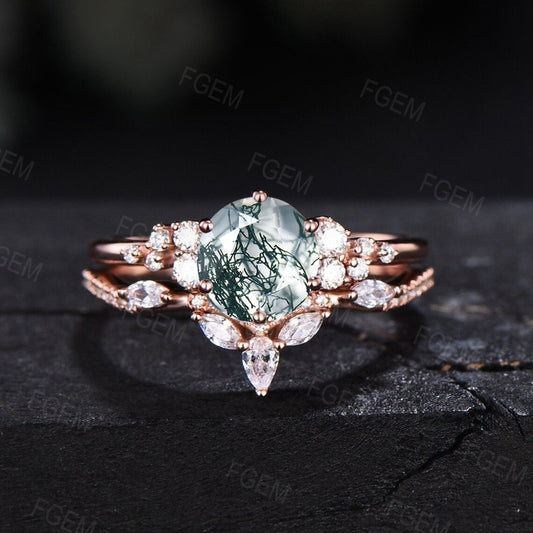 1ct Round Cut Natural Green Moss Agate Snowdrift Engagement Ring Set 14k Rose Gold Cluster CZ Diamond Leaf Wedding Ring Set Anniversary Gift