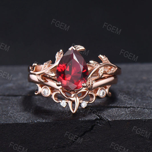 July Birthstone Wedding Ring 1.25ct Pear Red Ruby Ring Set Ruby Gemstone Jewelry Nature Ruby Celtic Bridal Ring Set Anniversary Gift Women