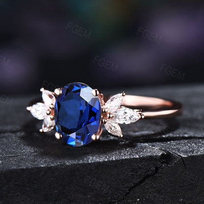 Sterling Silver 1.5CT Oval Blue Sapphire Cluster Promise Ring Vintage Blue Wedding Ring September Birthstone Gift Unique Blue Gemstone Ring