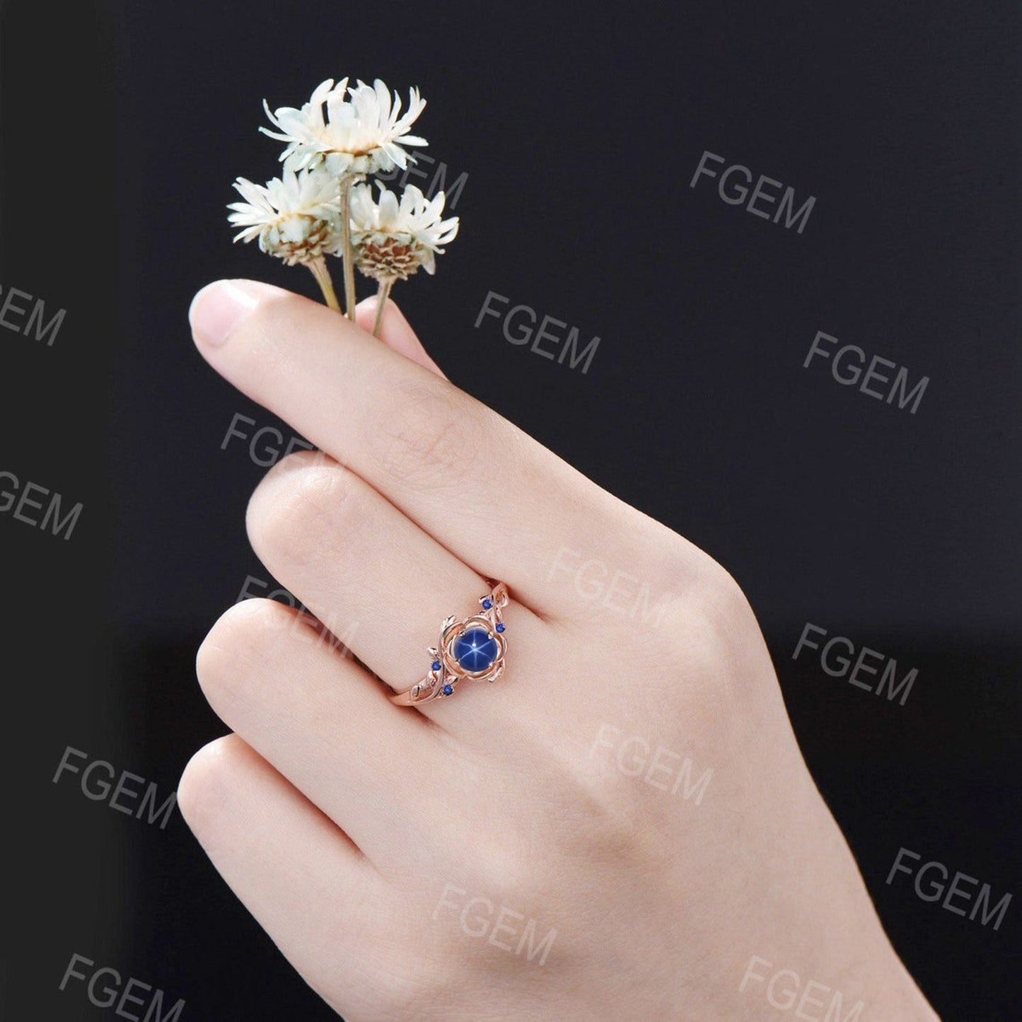 Rose Flower Engagement Ring Round Blue Star Sapphire Wedding Ring Floral Blue Star Ring Nature Inspired Leaf Blue Sapphire Ring Unique Gifts