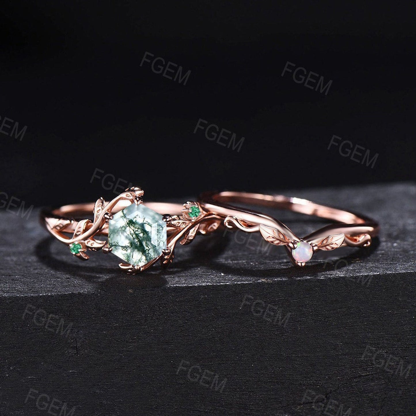1ct Hexagon Natural Moss Agate Nature Inspired Wedding Ring Set Rose Gold Vintage Branch Leaf Emerald Opal Bridal Set Unique Promise Gifts