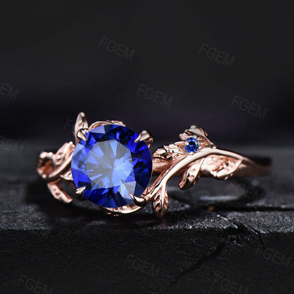 September Birthstone Wedding Ring 1ct Round Nature Inspired Blue Sapphire Ring Rose Gold Twig Leaf Blue Engagement Ring Unique Promise Ring