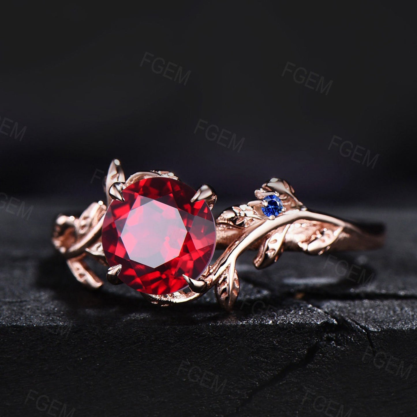 Nature Inspired Red Ruby Gemstone Ring 5mm Round Twig Leaf Ruby Engagement Ring Branch Blue Sapphire Cluster Wedding Ring January Birthstone