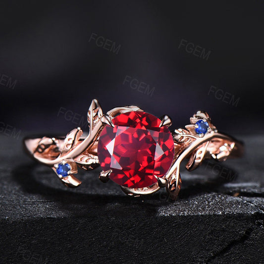 Nature Inspired Red Ruby Gemstone Ring 5mm Round Twig Leaf Ruby Engagement Ring Branch Blue Sapphire Cluster Wedding Ring January Birthstone