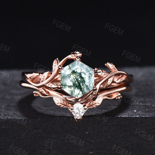 1ct Natural Moss Agate Ring Set Vintage Hexagon Cut Nature Inspired Leaf Engagement Rings Unique Solitaire Ring Green Healing Gemstone Ring