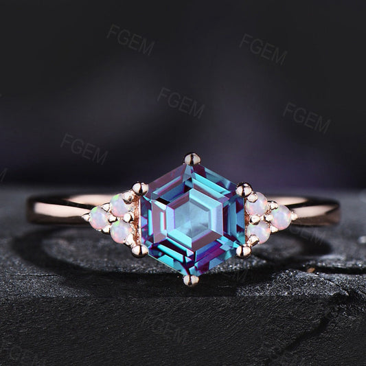 1ct Hexagon Color-Change Alexandrite Opal Ring Vintage Rose Gold Opal Cluster Engagement Ring Unique Birthday Gift June Birthstone Jewelry