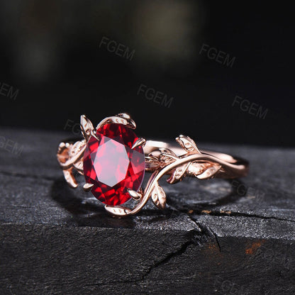 1.5ct Nature Inspired Ruby Promise Ring Red Gemstone Jewelry Rose Gold Silver Twig Leaf Ruby Engagement Rings Handmade July Birthstone Gifts