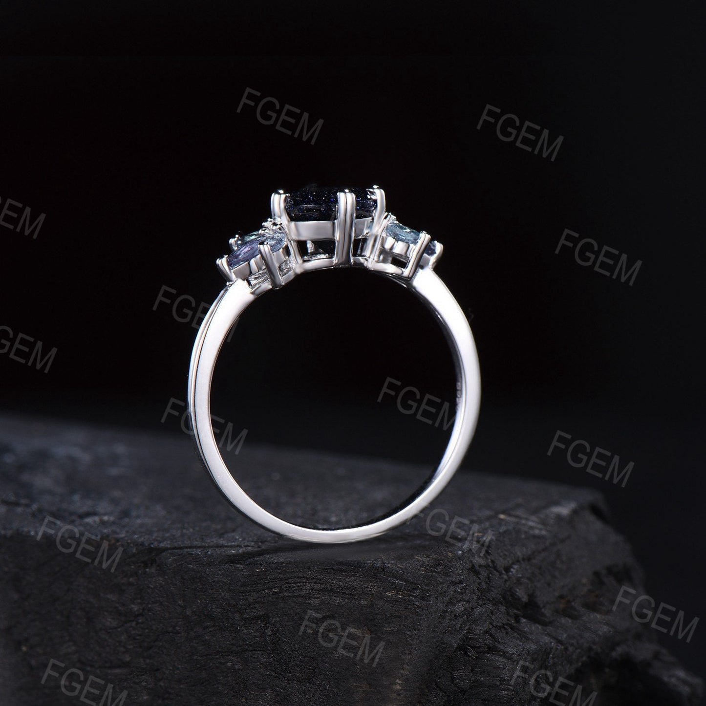 10K/14K/18K Real Rose Gold Round Cluster Engagement Rings Starry Sky Blue Sandstone Ring Unique Handmade Proposal/Wedding Gifts for Women