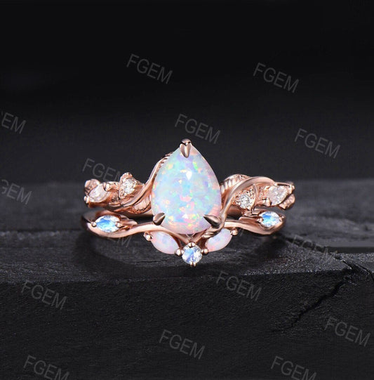 Nature Inspired White Opal Ring Set Vintage 1.25ct Pear Moonstone Opal Engagement Ring Twist Leaf Moissanite Wedding Ring Set Promise Gifts