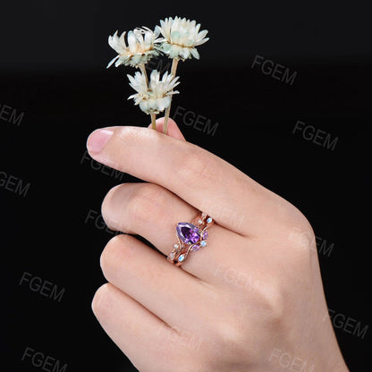 Nature Inspired Natural Purple Amethyst Bridal Set 1.25ct Pear Shaped Leaf Twist Amethyst Engagement Ring Moonstone Moissanite Wedding Ring