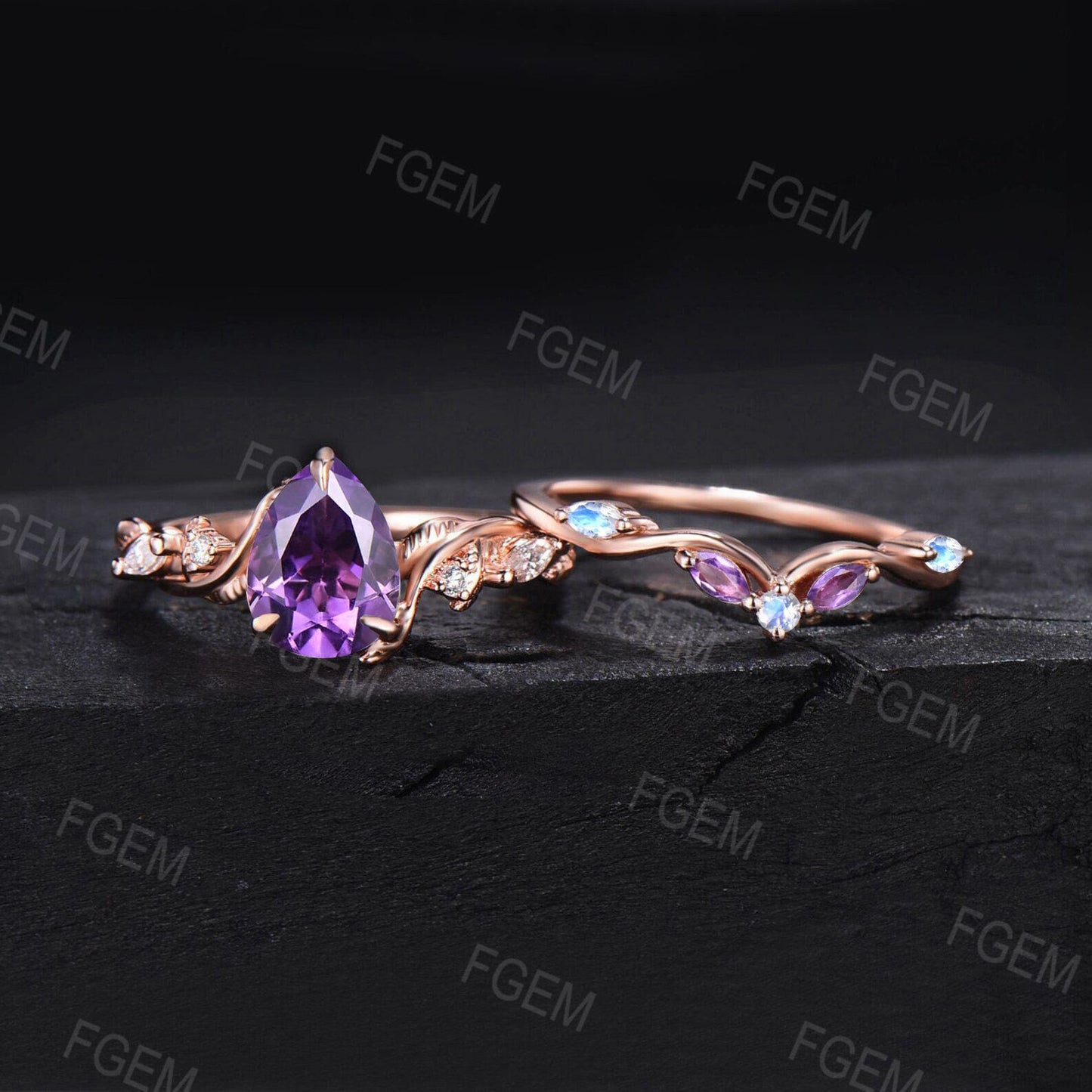 Nature Inspired Natural Purple Amethyst Bridal Set 1.25ct Pear Shaped Leaf Twist Amethyst Engagement Ring Moonstone Moissanite Wedding Ring