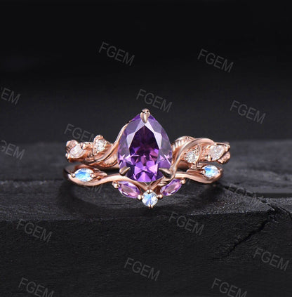 Nature Inspired Natural Purple Amethyst Bridal Set 1.25ct Pear Shaped Leaf Twist Amethyst Engagement Ring Moonstone Moissanite Wedding Ring