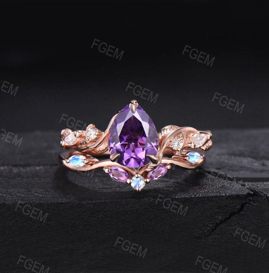 Nature Inspired Natural Purple Amethyst Bridal Set 1.25ct Pear Shaped Leaf Twist Amethyst Engagement Ring Moonstone Moissanite Wedding Ring