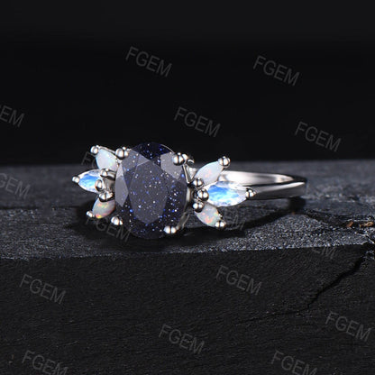 Hypoallergenic Sterling Silver 1.5ct Oval Galaxy Night Sky Blue Sandstone Cluster Engagement Ring Marquise Opal Moonstone Ring Handmade Ring