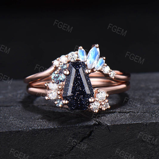 Coffin Moonstone Ring Set 10K Rose Gold Galaxy Blue Sandstone Ring Alexandrite Moissanite Cluster Ring Proposal Gift Outer Space Nebula Ring