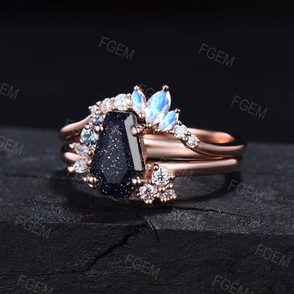 Coffin Moonstone Ring Set 10K Rose Gold Galaxy Blue Sandstone Ring Alexandrite Moissanite Cluster Ring Proposal Gift Outer Space Nebula Ring