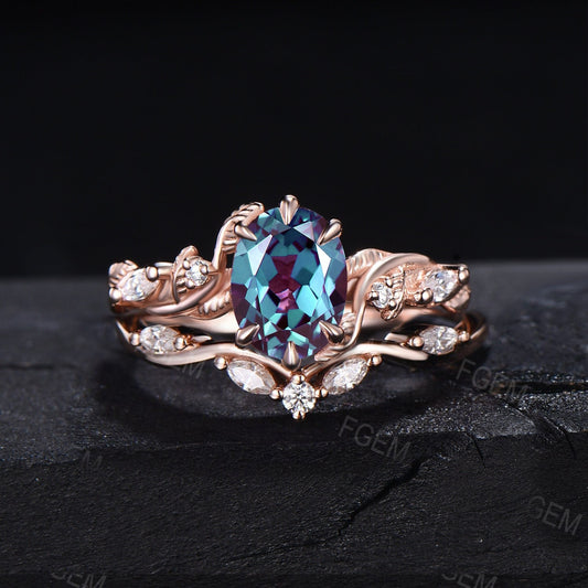 Nature Inspired 1.5ct Oval Color-Change Alexandrite Engagement Ring Set Twisted Band Moissanite Wedding Ring Leaf Vine Branch Bridal Sets