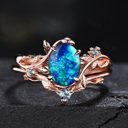 Branch Twig Blue Opal Ring Set Nature Inspired Jewelry 1.5ct Oval Leaf Alexandrite Blue Opal Engagement Ring Blue Gemstone Anniversary Gift