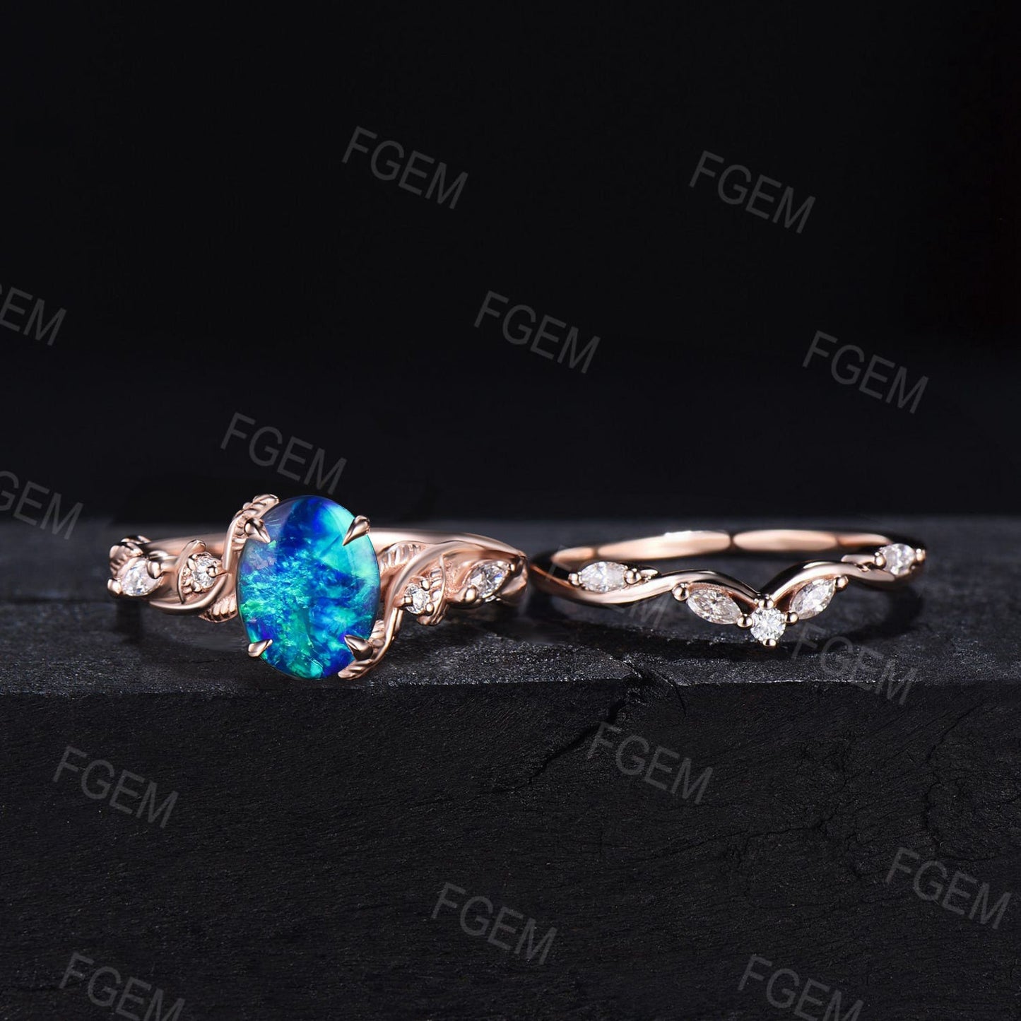 10K Rose Gold Twig Blue Opal Ring Set Nature Inspired Jewelry 1.5ct Oval Dainty Twist Leaf Opal Engagement Ring Blue Gemstone Promise Ring