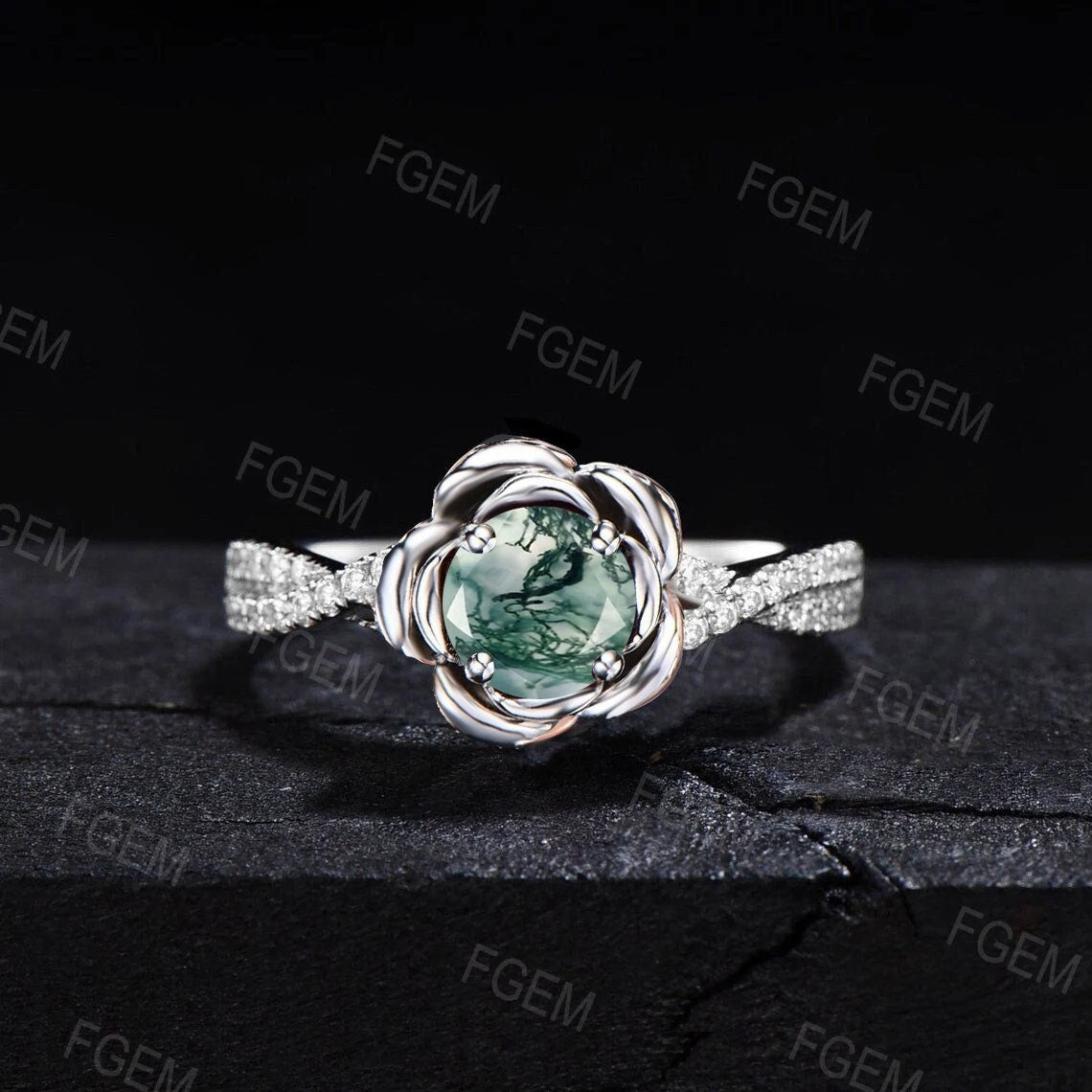 Nature Inspired Flower Moss Agate Engagement Ring Two Tone Rose Flower Moss Wedding Ring Vintage Leaf Branch Moss Agate Ring Moissanite Ring