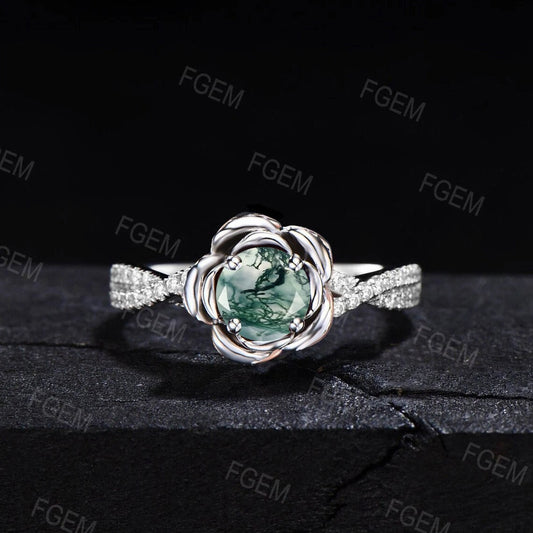 Nature Inspired Flower Moss Agate Engagement Ring Two Tone Rose Flower Moss Wedding Ring Vintage Leaf Branch Moss Agate Ring Moissanite Ring
