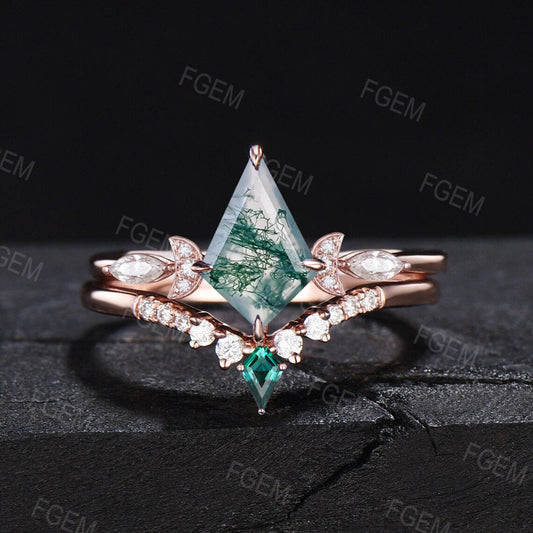 Moss Agate Moon Engagement Ring Set 10K Rose Gold 1ct Kite Cut Natural Green Moss Agate Emerald Wedding Ring Moissanite Crescent Moon Ring