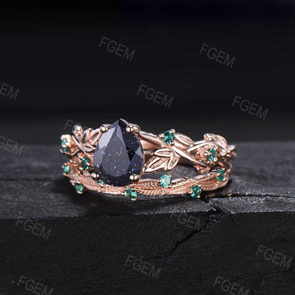 Nature Inspired Galaxy Blue Goldstone Engagement Ring Set Vintage 1.25ct Pear Unique Branch Twist Leaf Cluster Green Emerald Wedding Ring