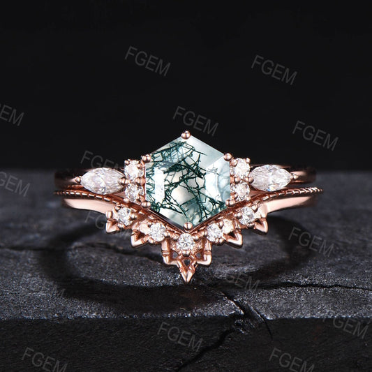 1ct Hexagon Cut Moss Agate Engagement Ring Set Curve CZ Diamond Wedding Band Rose Gold Moss Agate Bridal Set For Women Unique Proposal Gifts