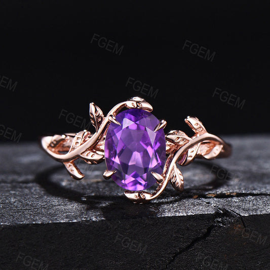 Nature Inspired Natural Amethyst Leaf Solitaire Ring Sterling Silver Oval Purple Crystal Ring Alternative Gemstone Ring February Birthstone