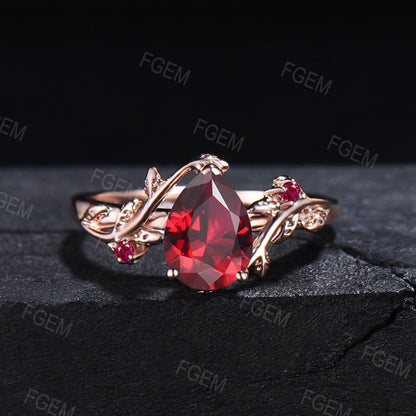 Nature Inspired Ruby Ring Set Vintage 10k Rose Gold Pear Cut Red Ruby Engagement Ring Set Red Wedding Ring Unique July Birthstone Ring Gift