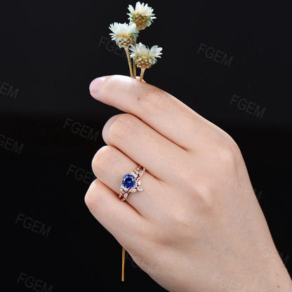 1ct Round Blue Sapphire Engagement Ring Set Dainty Blue Bridal Set Cluster Snowdrift Leaf Wedding Ring Set Birthday/Anniversary Gifts Women