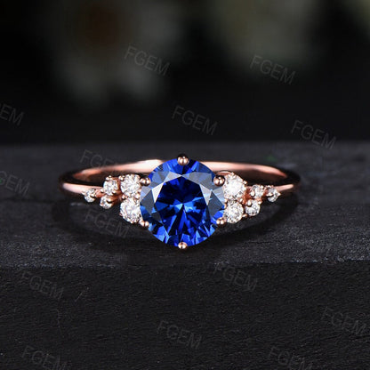 1ct Round Blue Sapphire Engagement Ring Set Dainty Blue Bridal Set Cluster Snowdrift Leaf Wedding Ring Set Birthday/Anniversary Gifts Women