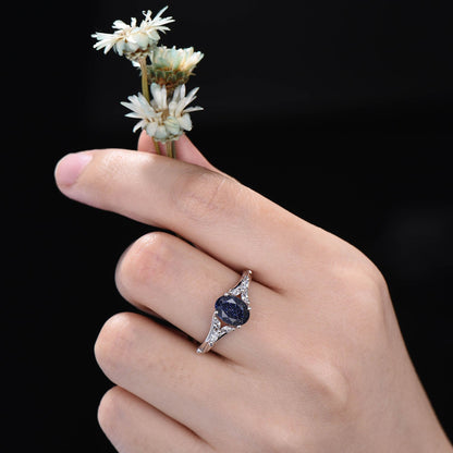 1.5ct Oval Galaxy Starry Sky Blue Sandstone Ring Kite Setting Engagement Ring Unique Hollow-Cut Cluster Moissanite Ring Unique Proposal Gift