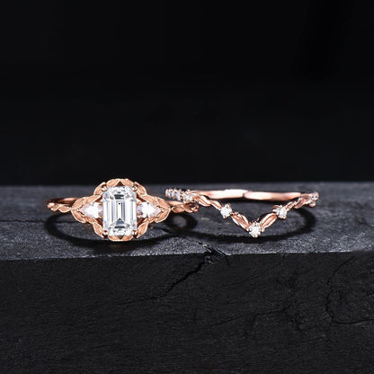 Nature Inspired Twig Moissanite Engagement Ring Set Emerald Cut Moissanite Diamond Three Stone Wedding Ring Leaf Vine Ring Branch Bridal Set