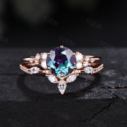 1ct Round Alexandrite Engagement Ring Set Dainty Moissanite Bridal Set Cluster Ring Set Nature Inspired Ring Unique Promise/Anniversary Gift