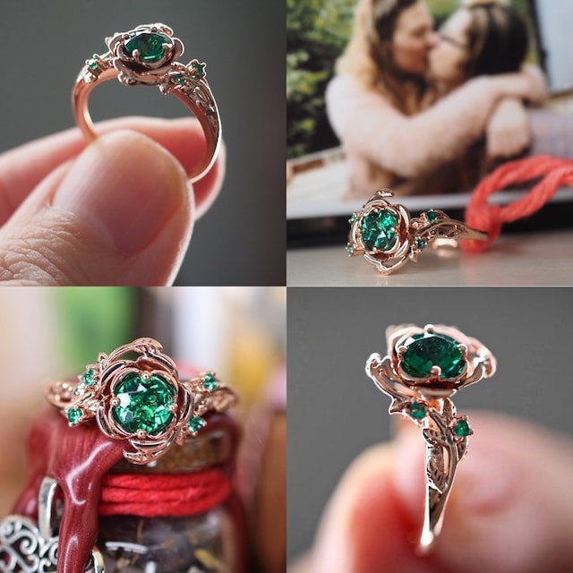 Green Emerald Floral Wedding Ring Set 5mm Round Cut Nature Inspired Branch Rose Flower Emerald Engagement Ring Set May Birthstone Bridal Set