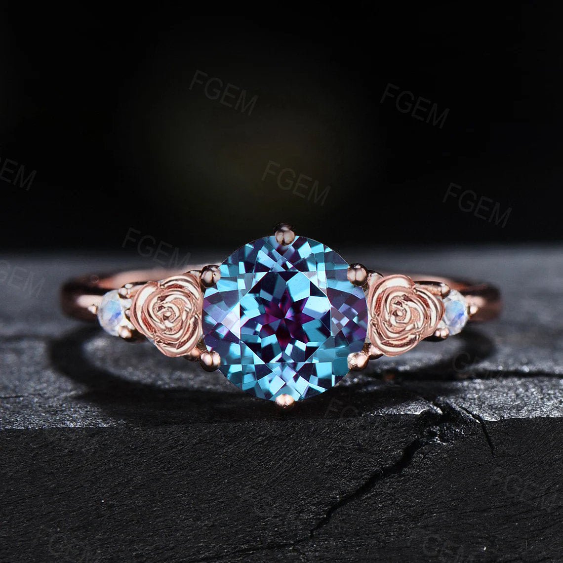 Nature Inspired Rose Flower Alexandrite Moonstone Ring 1.2ct Round Color-Change Alexandrite Wedding Ring Floral Bridal Ring Birthday Gifts
