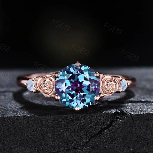 Nature Inspired Rose Flower Alexandrite Moonstone Ring 1.2ct Round Color-Change Alexandrite Wedding Ring Floral Bridal Ring Birthday Gifts